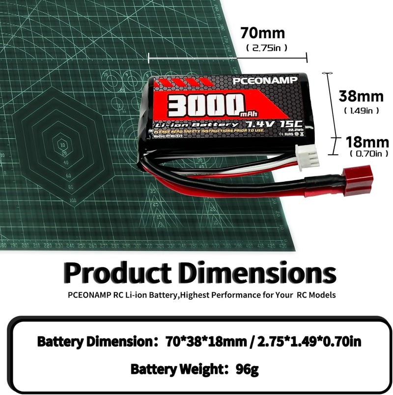 PCEONAMP 7.4V Li-ion Battery 3000mAh 2S with T Plug Rechargeable RC Battery Fit for 4WD High Speed RC Cars and Most 1/10, 1/12, 1/16 Scale RC Cars Trucks with 2 USB Chargers - Image 2